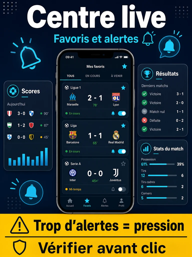 Infographie: utiliser les favoris, notifications, scores et statistiques sans jouer sous pression.