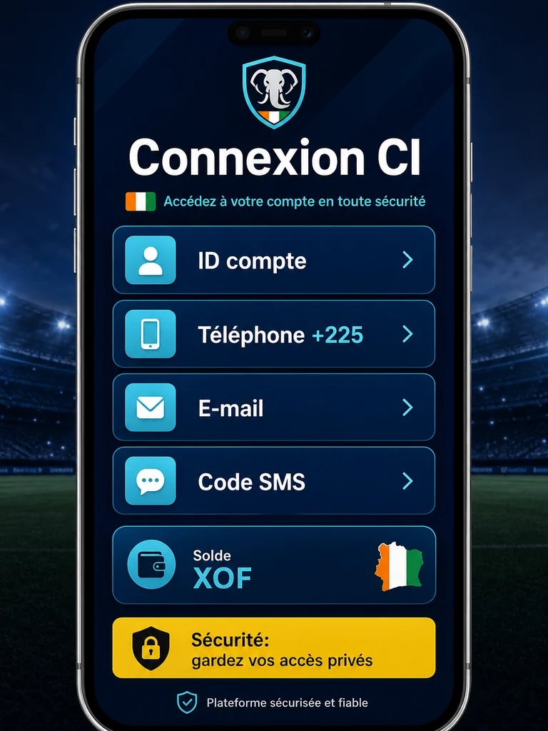 Infographie: accès au compte 1xBet CI avec téléphone, e-mail et sécurité.