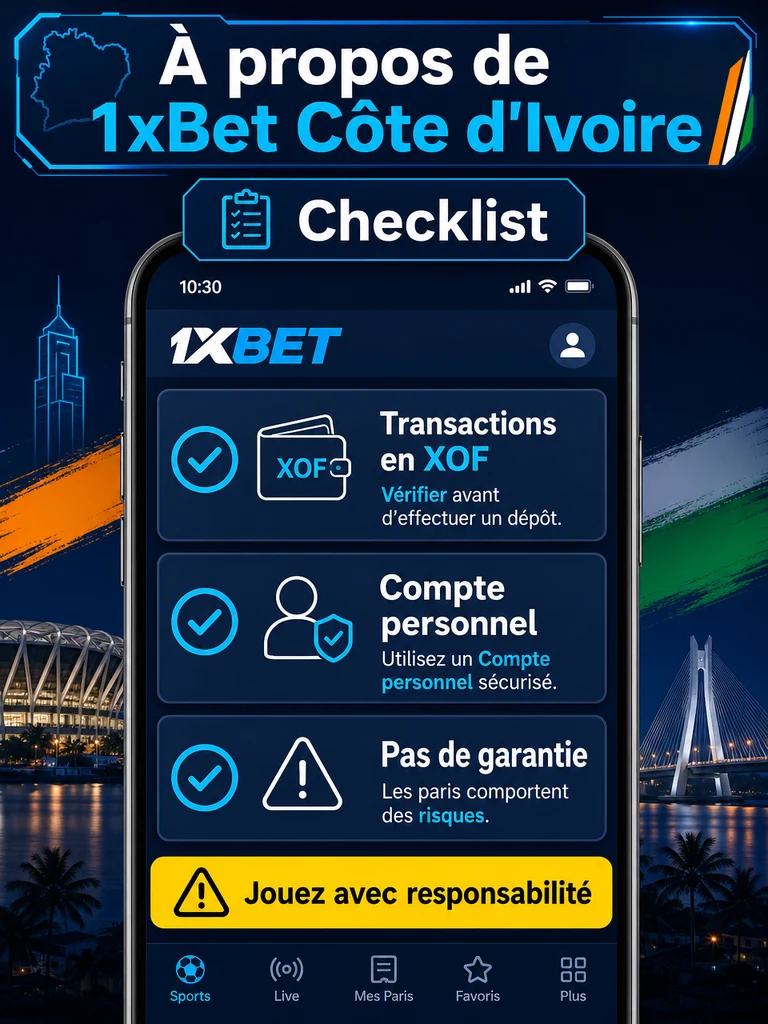 Infographie: checklist À propos de 1xBet Côte d'Ivoire en Côte d'Ivoire.