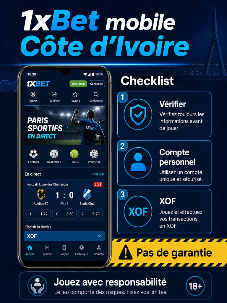 Infographie: checklist 1xBet mobile Côte d'Ivoire en Côte d'Ivoire.