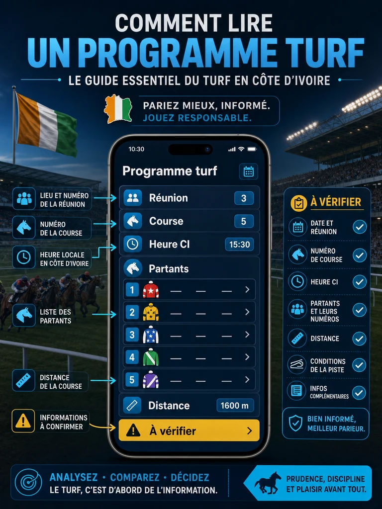 Infographie: lire un programme turf avant de valider un ticket.