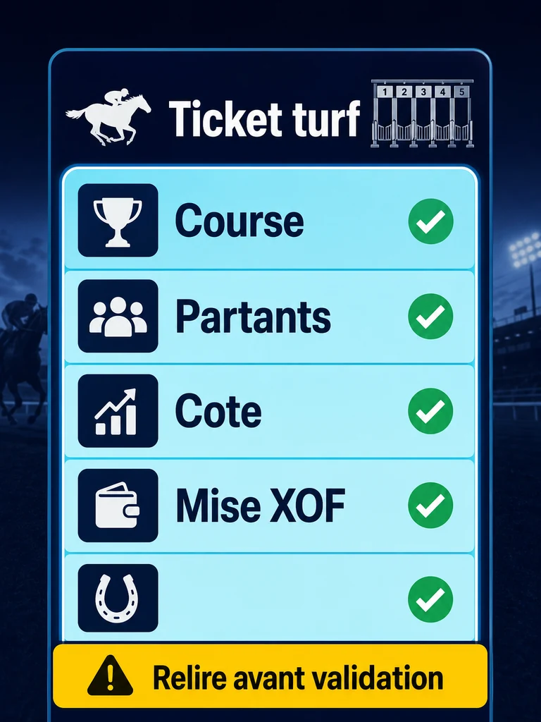 Infographie: contrôler course, partants, cote et mise avant un pari turf.